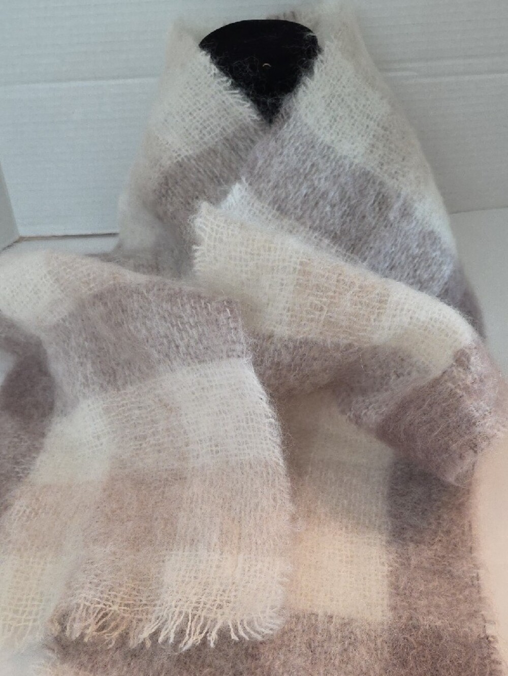 Donegal Design | Women's Soft Plaid Cream Taupe Fringe Mohair Wool Ireland Scarf